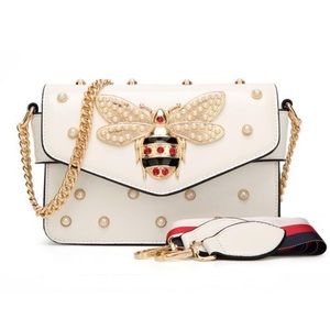 Beautiful White Pearl Studded Bee Crossbody Purse